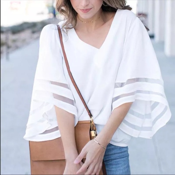 White Summery Loose Top With Mesh Oversize Sleeves - Picture 2 of 8